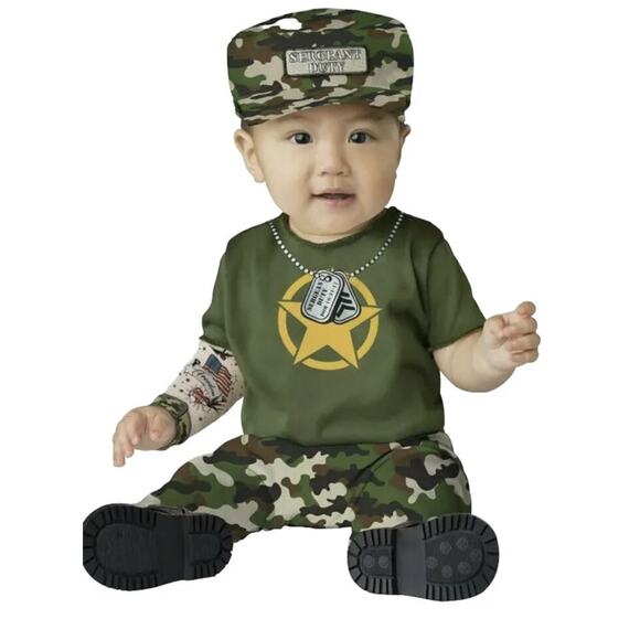 Private Duty Military Halloween Costume, Sz Baby 6-12 month, 2 pc: jumpsuit, hat - Picture 1 of 6